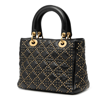 Black Dior Medium Lambskin Cannage Studded Supple Lady Dior Satchel