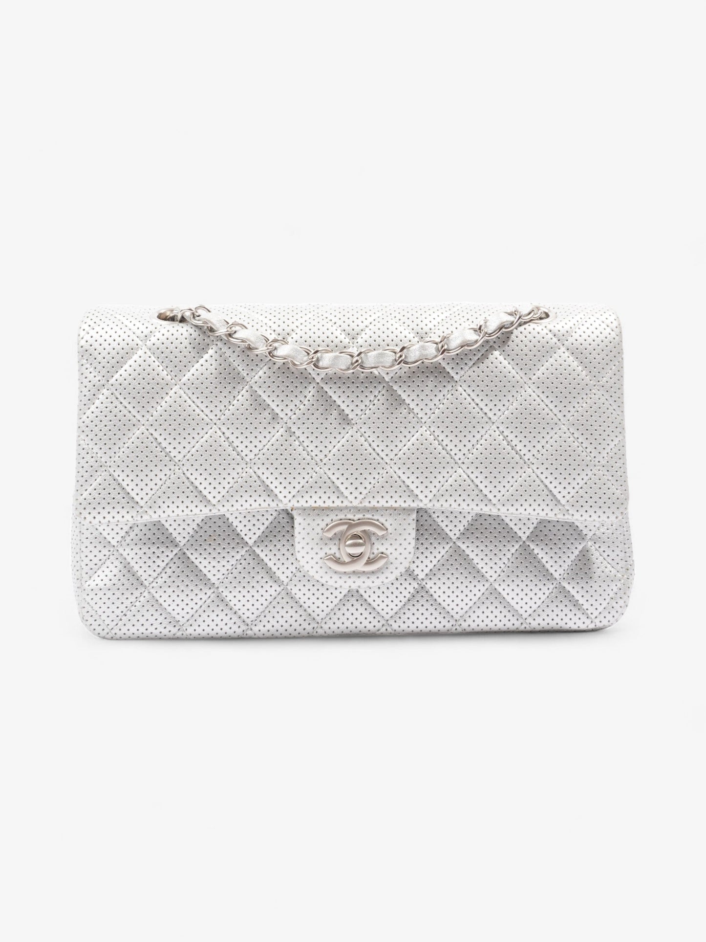 Chanel Classic Double Flap Silver Calfskin Leather Medium