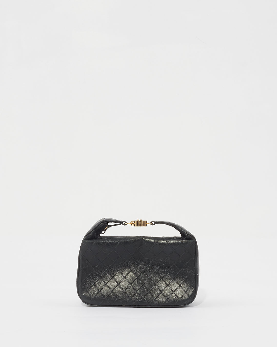 Chanel Black Quilted Leather Logo Top Handle Clutch Pochette