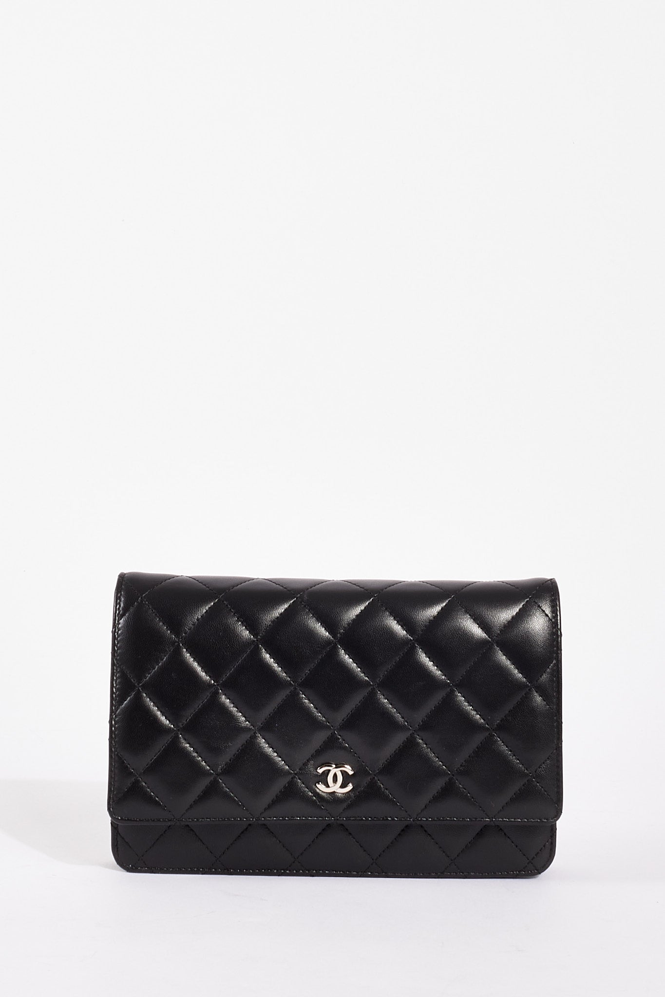 Chanel WOC Lambskin Leather Black Silver Chain Crossbody Style