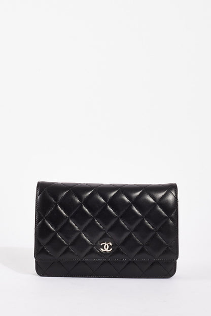 Chanel WOC Lambskin Leather Black Silver Chain Crossbody Style