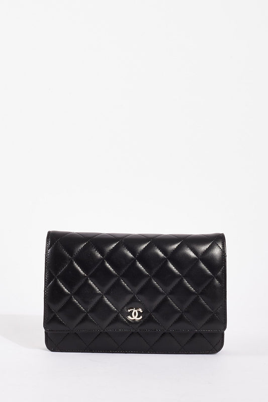 Chanel WOC Lambskin Leather Black Silver Chain Crossbody Style