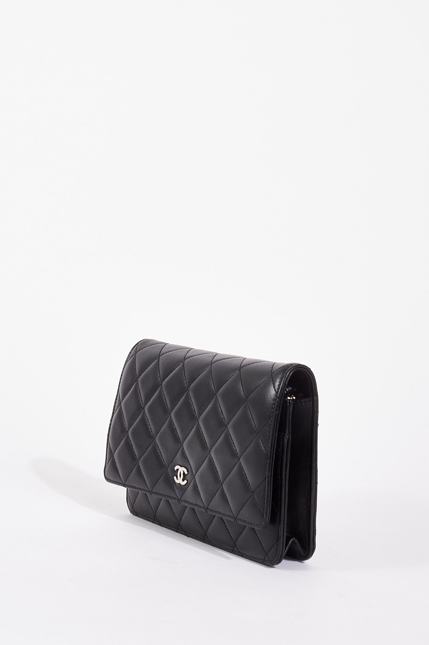 Chanel WOC Lambskin Leather Black Silver Chain Crossbody