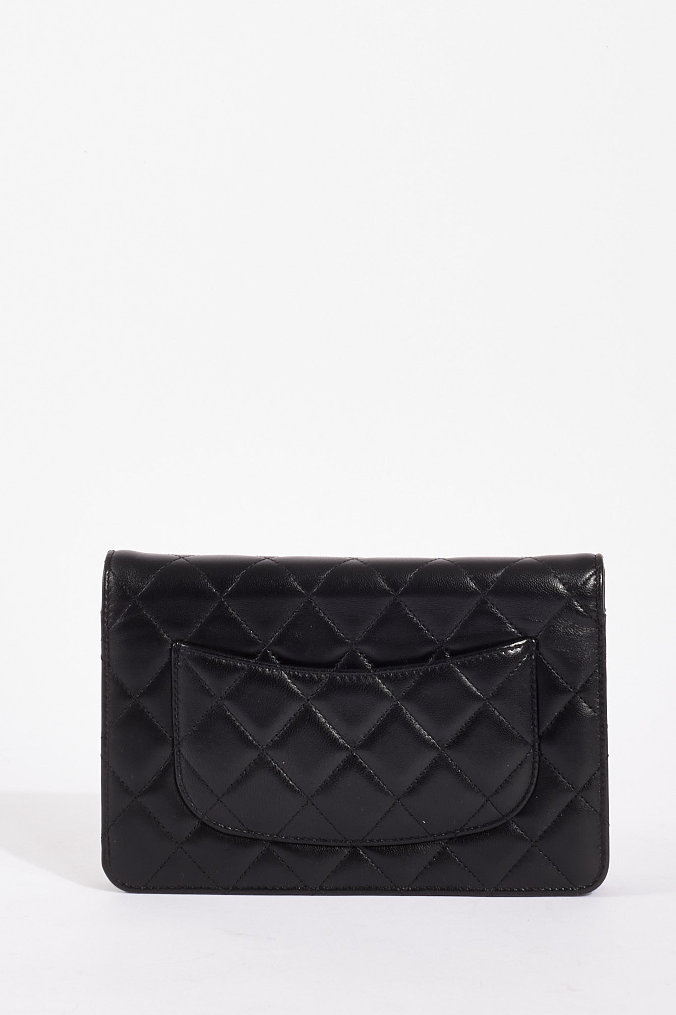 Chanel WOC Lambskin Leather Black Silver Chain Crossbody Style
