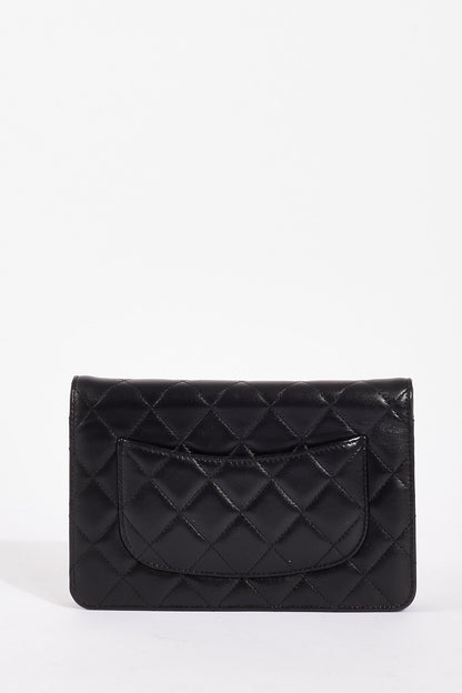 Chanel WOC Lambskin Leather Black Silver Chain Crossbody Style