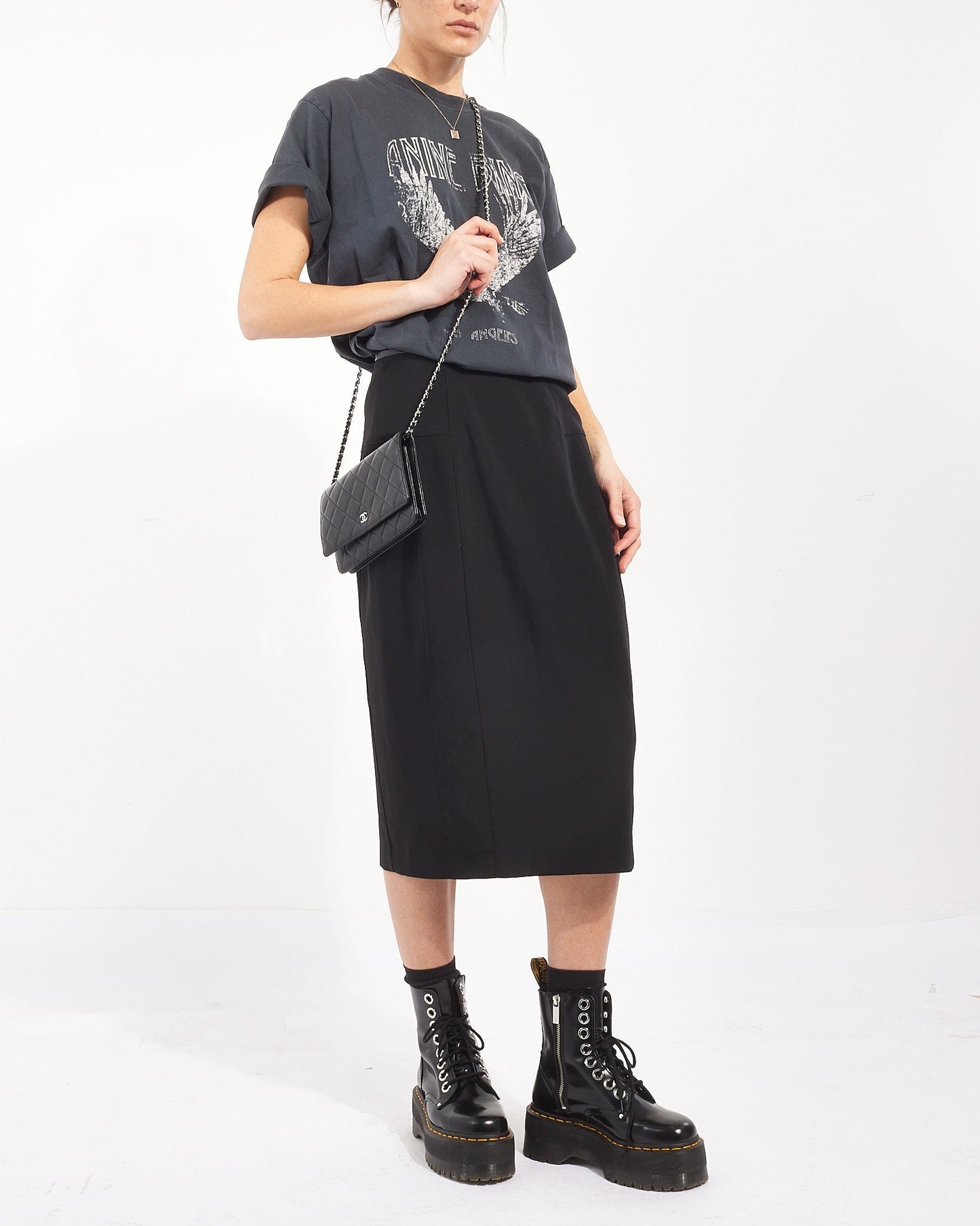 Chanel WOC Lambskin Leather Black Silver Chain Crossbody Style