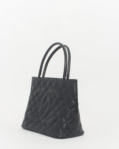 Chanel Black Caviar Leather Medallion Top Handle Bag