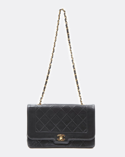 Chanel Black Lambskin Leather Quilted 24K Gold Diana Flap Bag