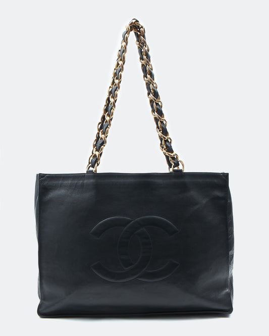 Chanel Black Lambskin 24K Gold Chain Interlocking CC Tote Bag