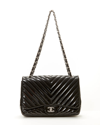 Chanel Black Patent Leather Chevron Jumbo Single Flap Bag