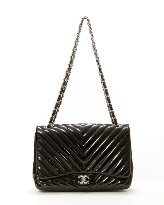 Chanel Black Patent Leather Chevron Jumbo Single Flap Bag