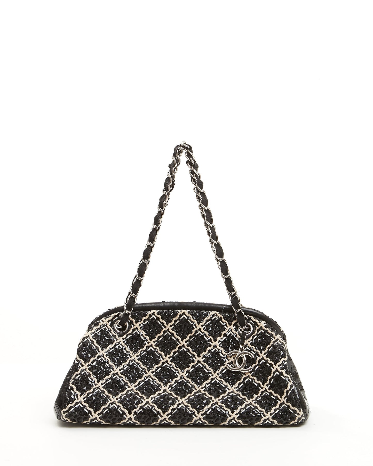 Chanel Black/White Tweed Patent Leather Bowling Shoulder Bag