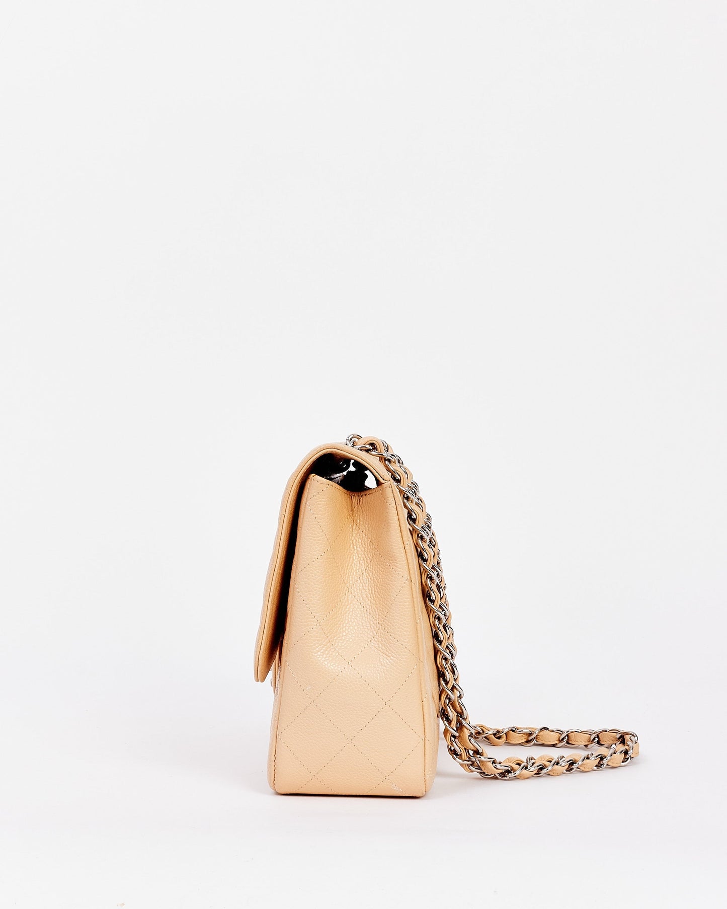 Chanel Beige Quilted Caviar Leather Jumbo Single Flap Bag with Silver Hardware