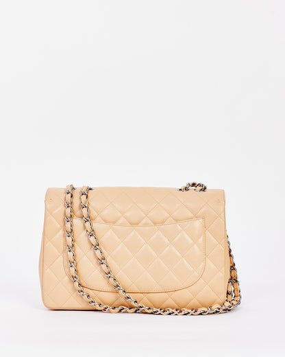 Chanel Beige Quilted Caviar Leather Jumbo Single Flap Bag with Silver Hardware