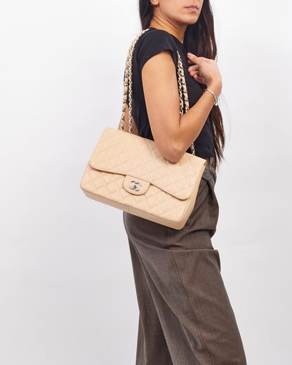 Chanel Beige Quilted Caviar Leather Jumbo Single Flap Bag with Silver Hardware