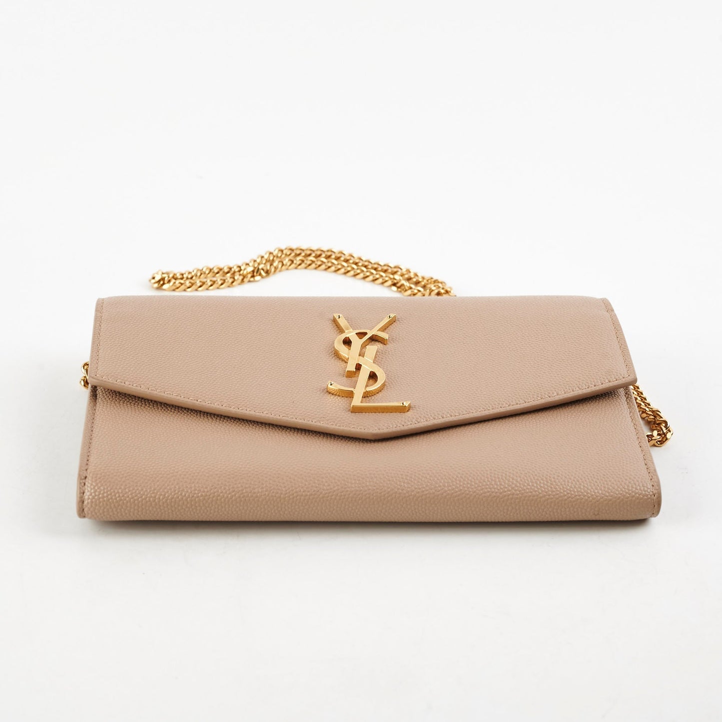 Saint Laurent Uptown Pouch In Grain With Chain Beige