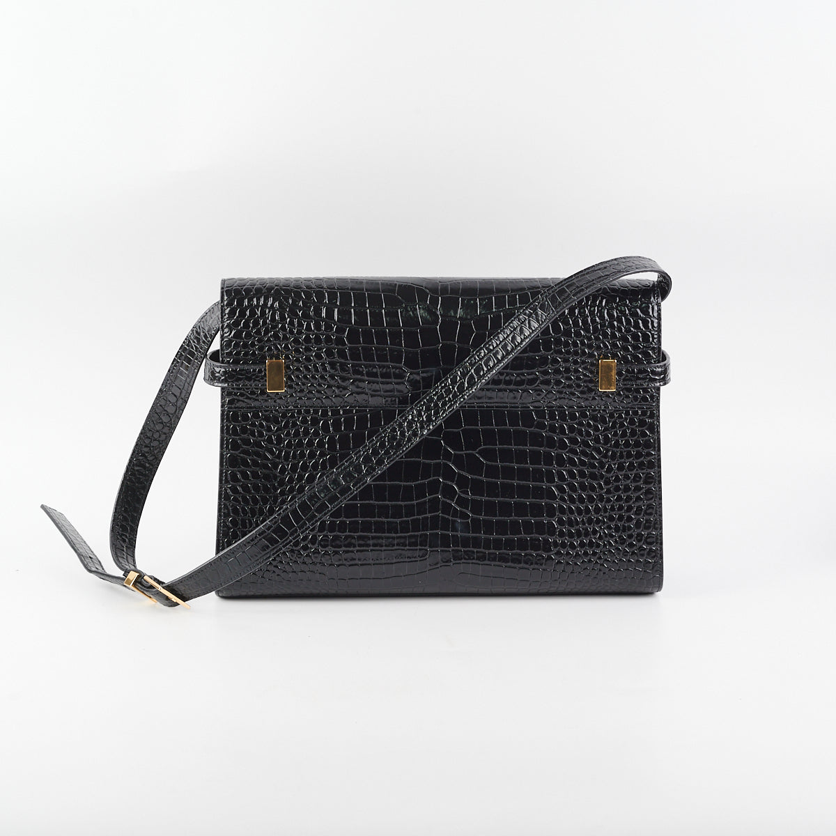 Saint Laurent Manhattan Shoulder Bag In Crocodile Embossed Black