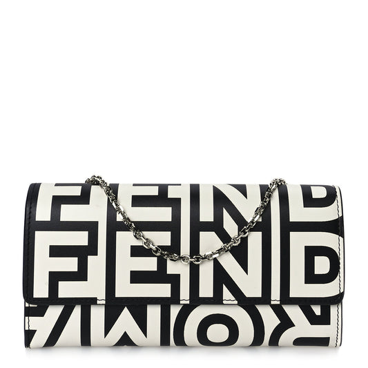 Fendi X MARC JACOBS Nappa Vitello King Logo Print Continental Wallet On Chain White Black