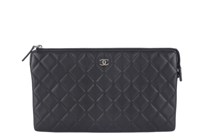 Chanel BLACK LAMBSKIN QUILTED CLUTCH (2638xxxx) SILVER HARDWARE WITH DUST COVER AND BOX