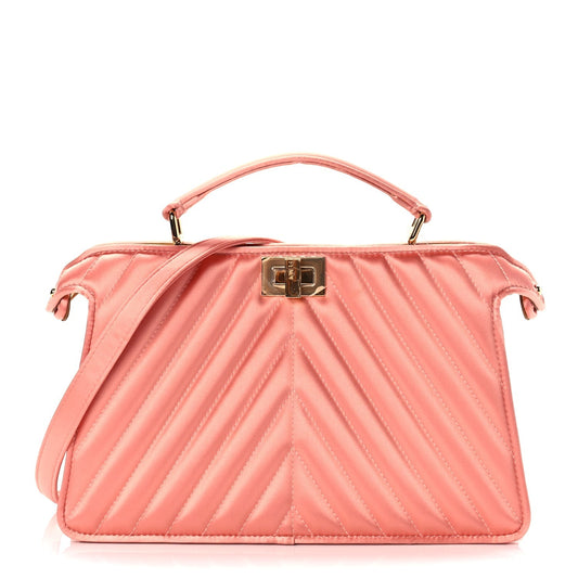 Fendi Raso Satin Trapunatato Medium Peekaboo I SEE U East West Satchel Rosa Quarzo Oro