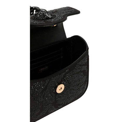 Versace La Medusa Crystal Mini Top Handle Tote Crossbody Black Silk