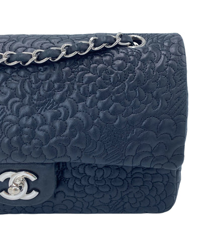 Chanel Black Camellia Embossed Lambskin Classic Timeless Medium Double Flap Bag Shw