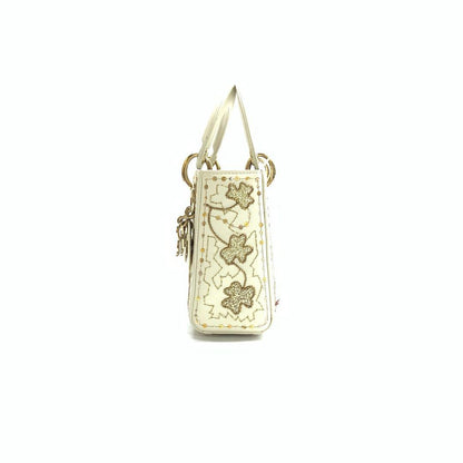 Lady Dior Mini 2018 Embroidered White Calfskin Leather Gold Beads Crossbody Bag
