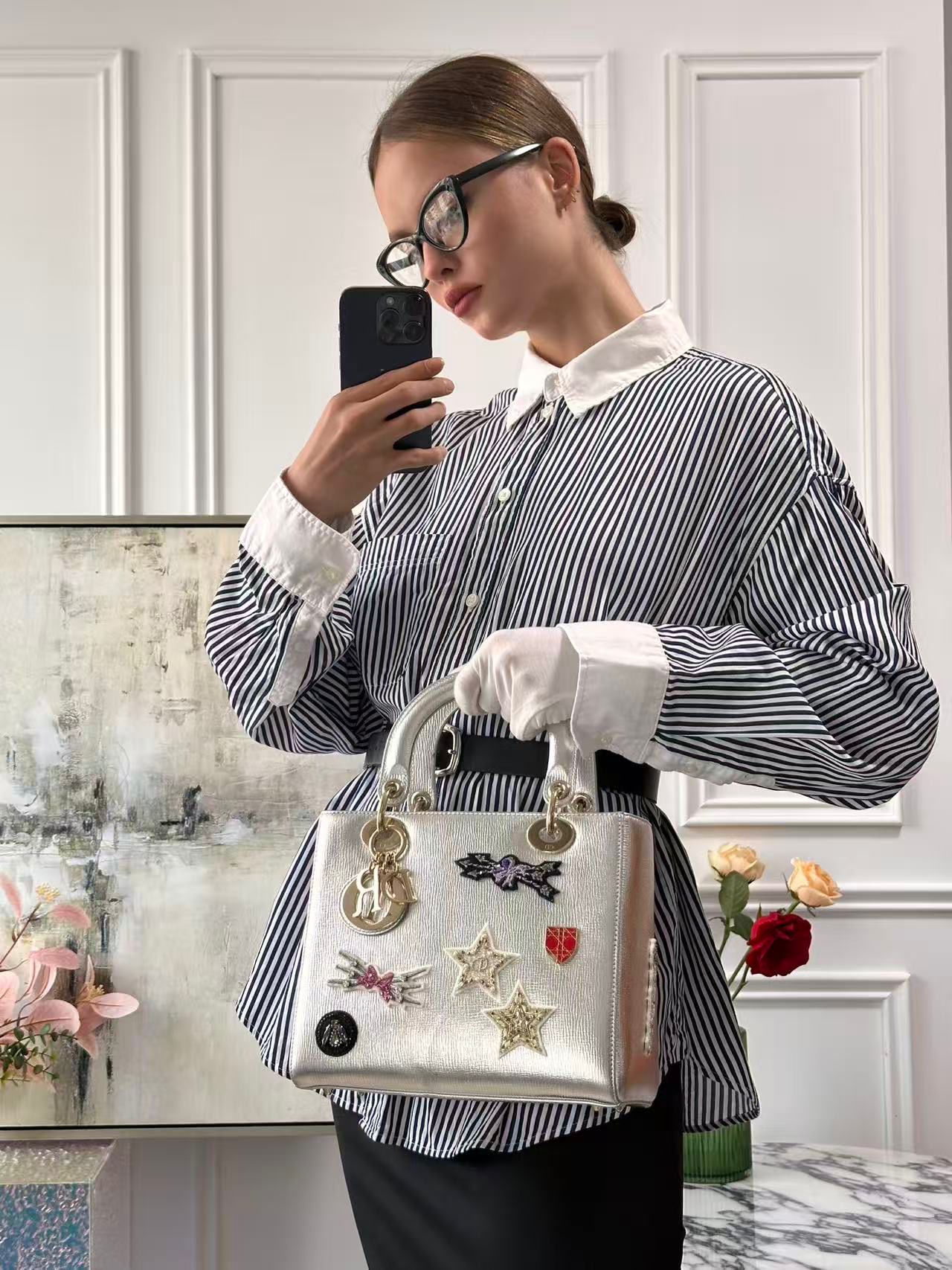 Christian Dior Leather Lady Dior Shoulder Bag In Silver Limited Edition