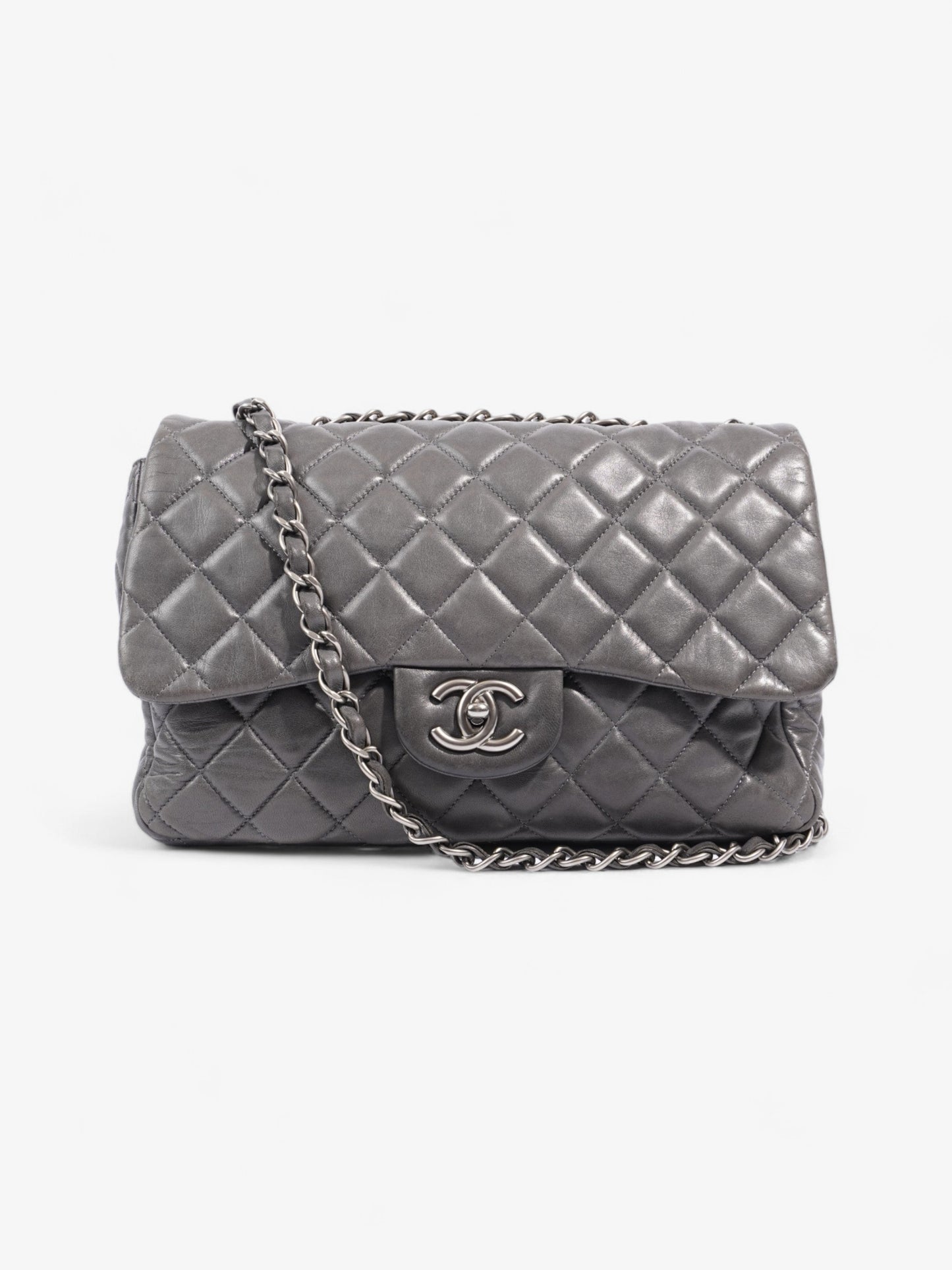 Chanel Classic Single Flap Grey Lambskin Leather Jumbo