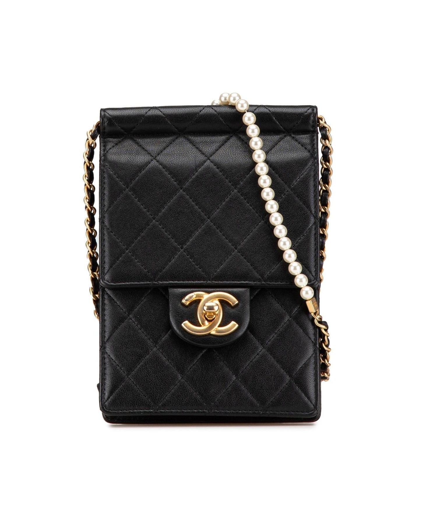 Quilted Lambskin Crossbody Bag with Pearl Chain Strap