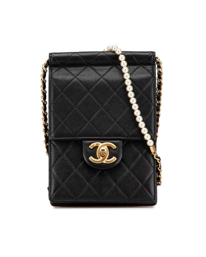 Quilted Lambskin Crossbody Bag with Pearl Chain Strap
