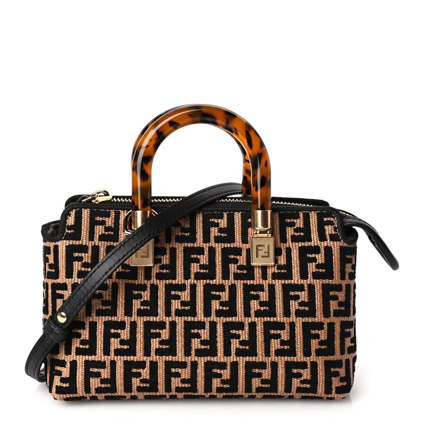 Fendi Raffia Chenille Vitello King Plexiglass Micro FF Mini By The Way Top Handle Boston Bag Naturale Black