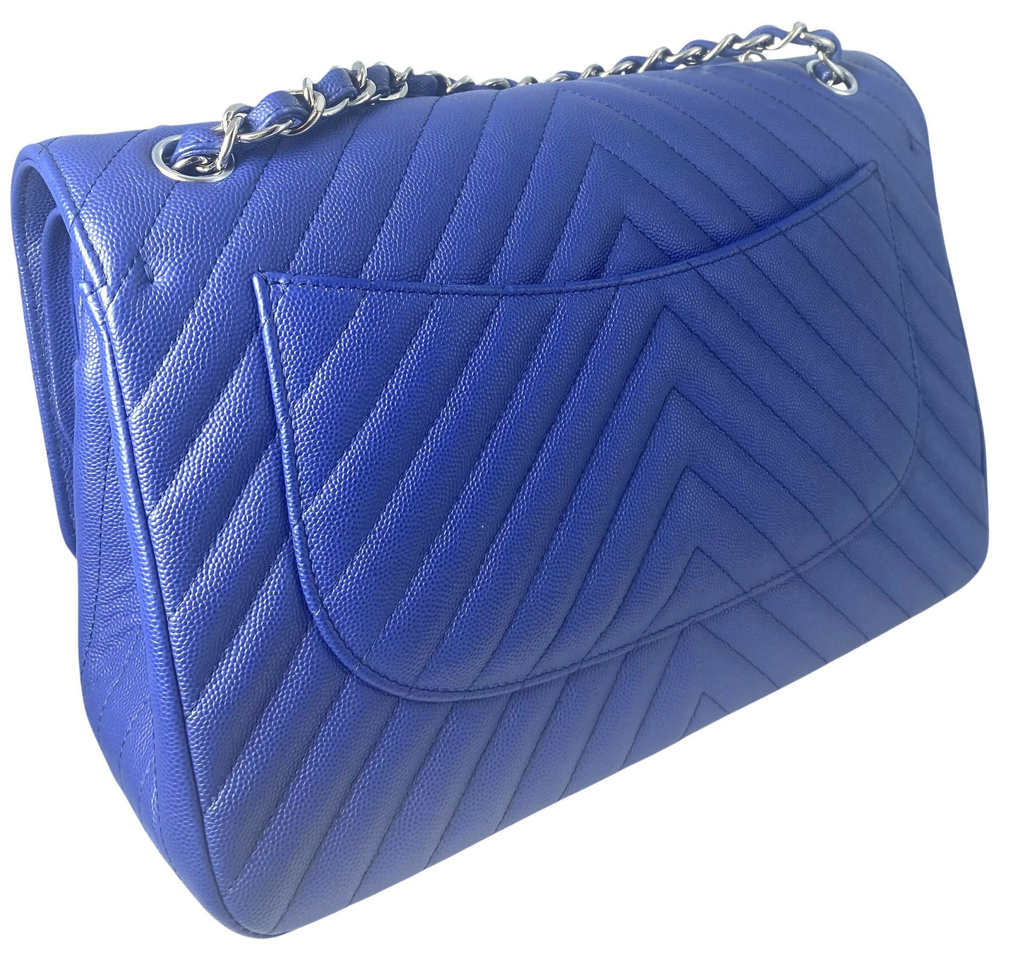Chanel 2019 Bright Blue Caviar Chevron Quilted Jumbo Double Flap Timeless Classic Bag Shw