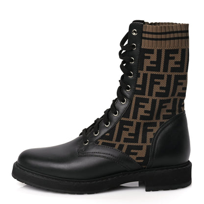 Fendi Calfskin Stretch Fabric FF Rockoko Biker Boots 40.5 Black Tobacco