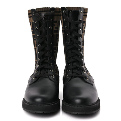 Fendi Calfskin Stretch Fabric FF Rockoko Biker Boots 40.5 Black Tobacco