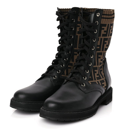 Fendi Calfskin Stretch Fabric FF Rockoko Biker Boots 40.5 Black Tobacco