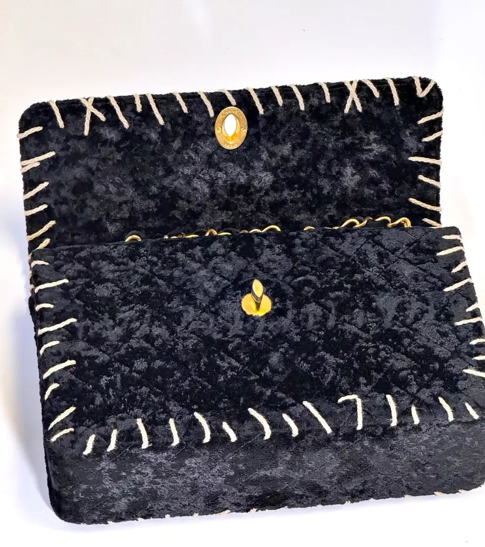 Chanel 1993 Black Velvet Whipstitch Flap Bag