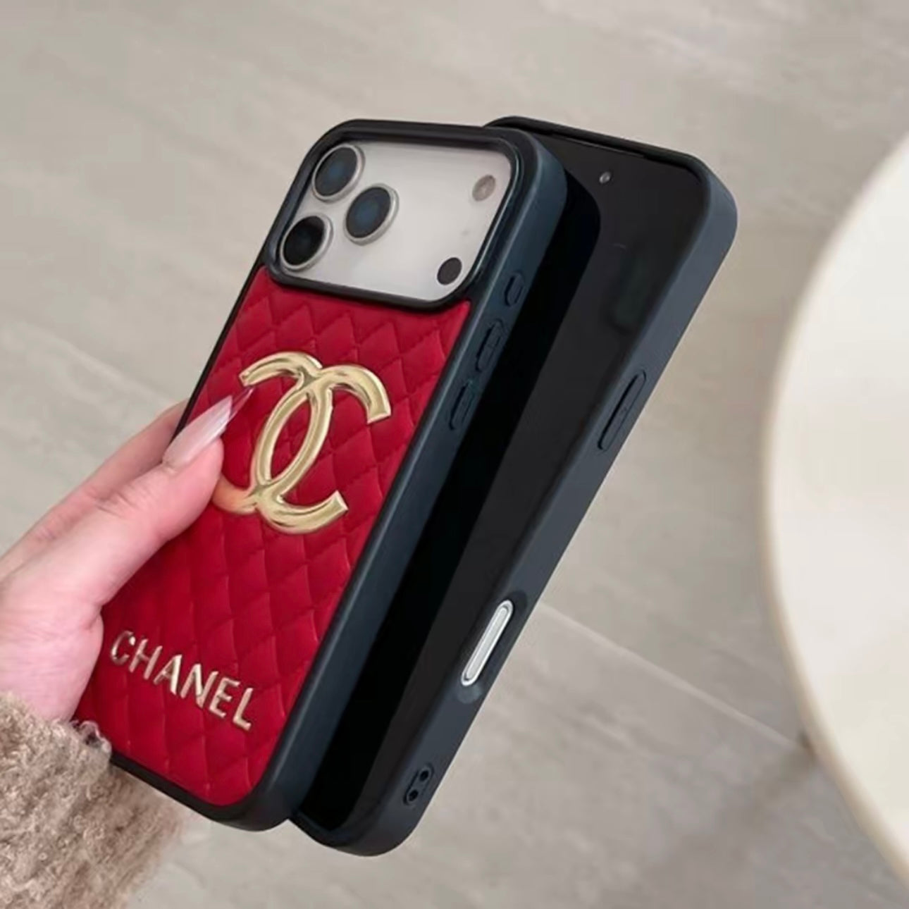 Chanel Classic Quilted Leather 3D Gold Logo Luxury Phone Case