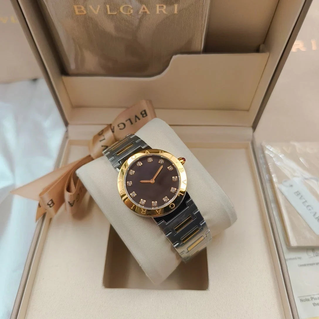 BVLGARI 33mm Diamond Numerals Gold Case Steel Pink Gold