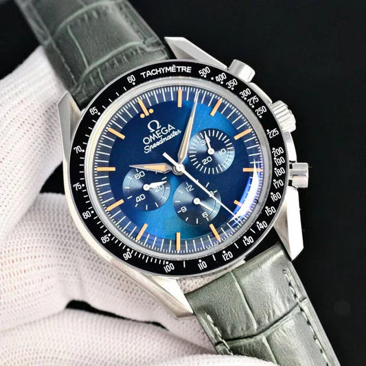 Omega Speedmaster Professional Moonwatch 42cm Blue Dial Khaki Leather Strap