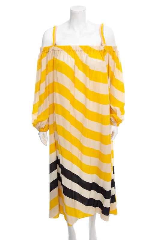 Fendi Tan and Yellow Stripped Printed Silk Dress SZ 42