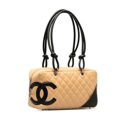 Chanel Cambon Cocomark Bowling Bag Handbag Mini Boston Bag Beige Leather Chanel