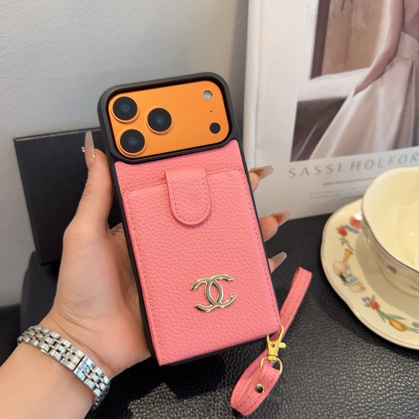 Chanel Style Leather Flip Card Holder Crossbody Phone Case