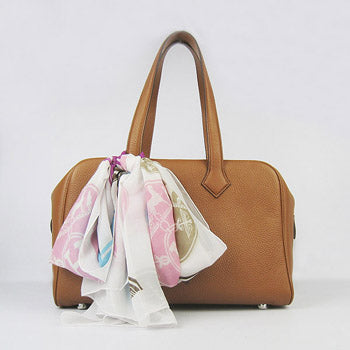 Luxury Hermes Togo Leather Handbag Light Coffee Silver