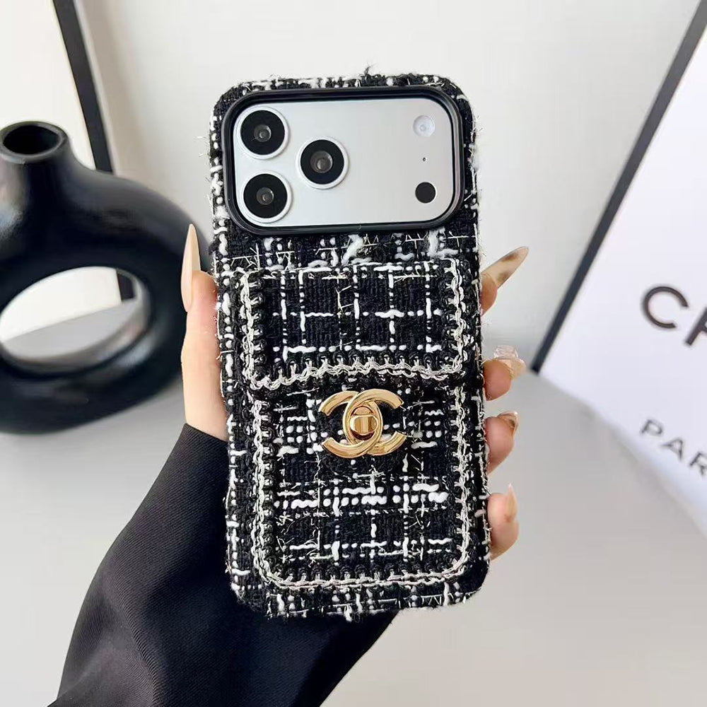 Chanel Style Tweed Quilted Card Holder Wallet Luxury Phone Case