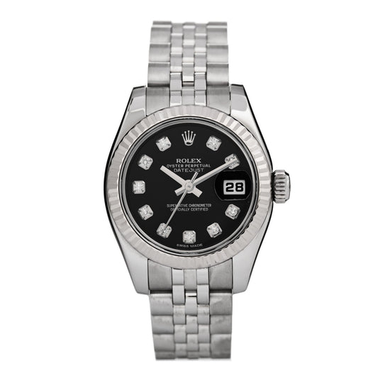 Stainless Steel 18K White Gold Diamond 26mm Oyster Perpetual Datejust Watch Black 179174