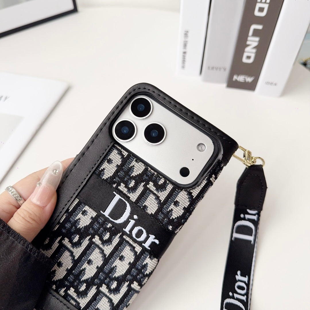 Dior Oblique Monogram Flip Wallet Phone Case With Brand Wrist Strap