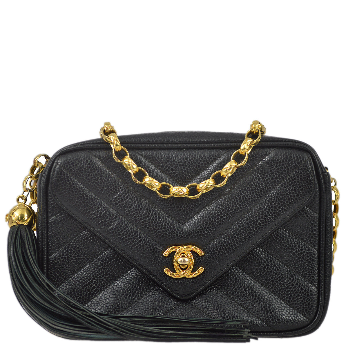Chanel Black Caviar Skin V Stitch Camera Bag Mini