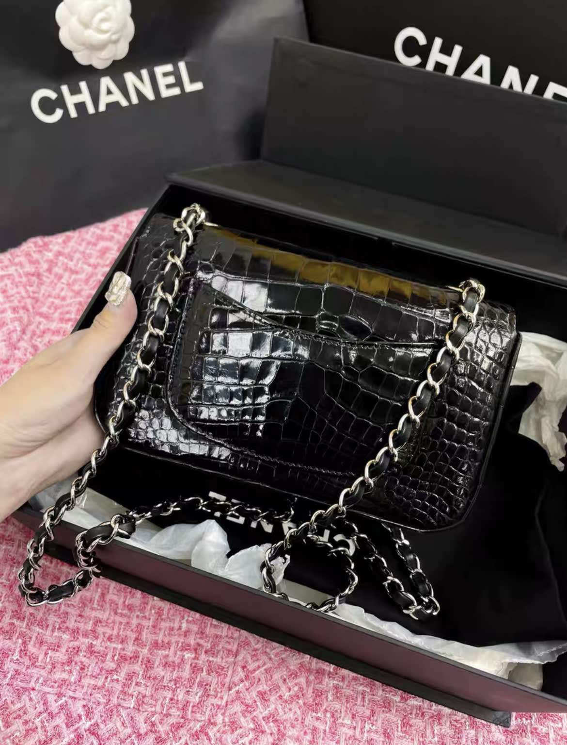 Very Rare Chanel Glossy Alligator Leather Black Silver Cf Mini