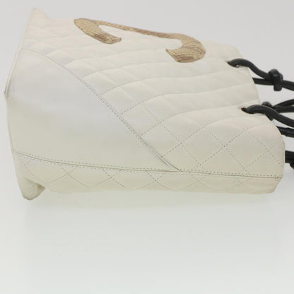 Chanel Cambon Line Tote Bag Lamb Skin White CC Auth am3907